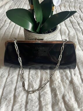 Beijo Black Patent Clutch with Silver Chain
